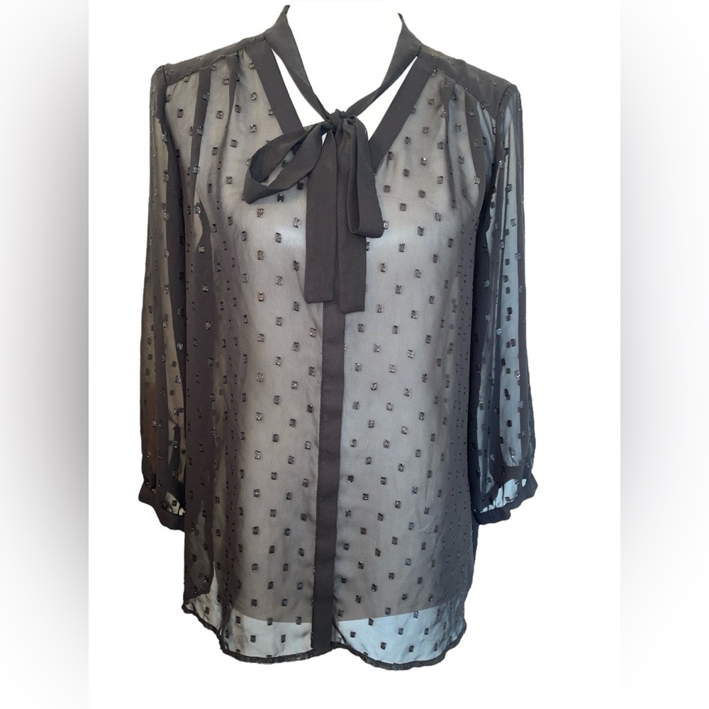 Elle Sheer Black Blouse with Bow Size Large